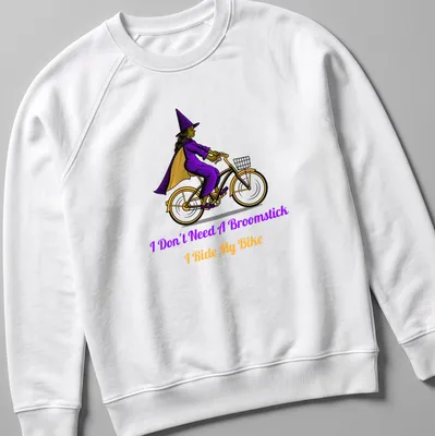 Vintage illustration of a witch riding a bike with playful text about broomsticks. — printed on a unisex sweatshirt