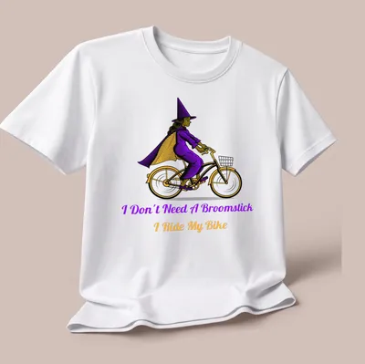 Vintage illustration of a witch riding a bike with playful text about broomsticks. — printed on a unisex t-shirt (angled view)