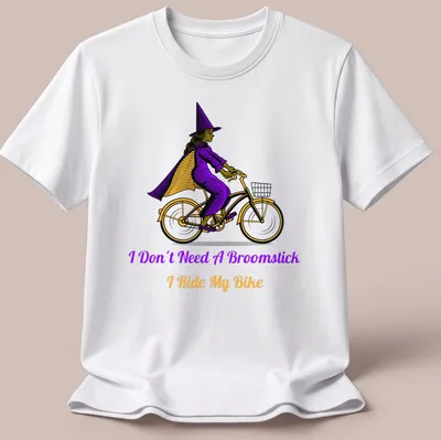 Vintage illustration of a witch riding a bike with playful text about broomsticks.