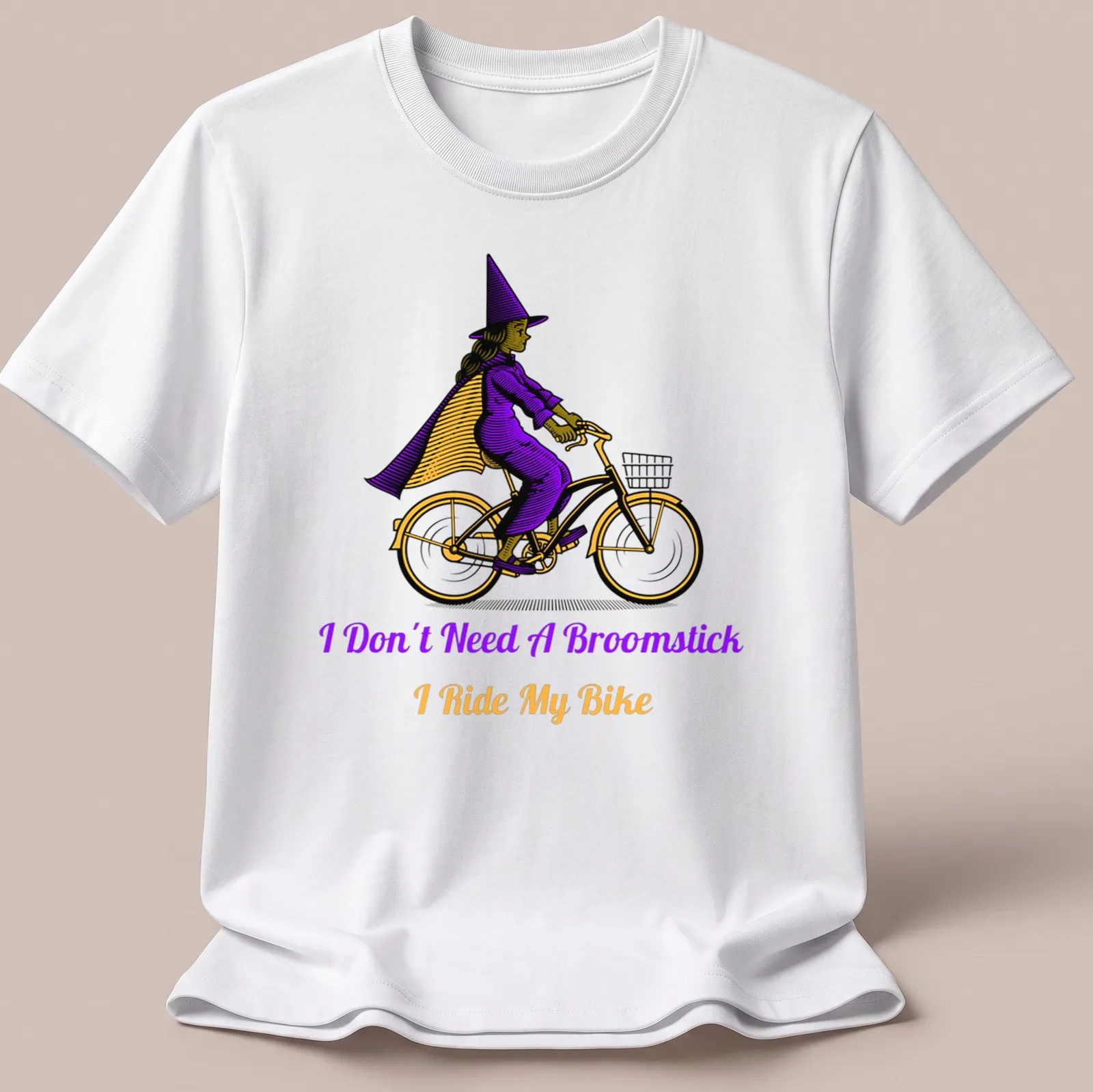 Vintage illustration of a witch riding a bike with playful text about broomsticks. — printed on a unisex t-shirt