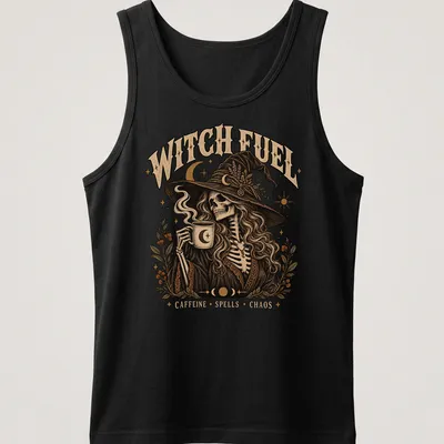 Vintage illustration of a witch skeleton with coffee, featuring humorous text about caffeine and chaos. — printed on a tank top
