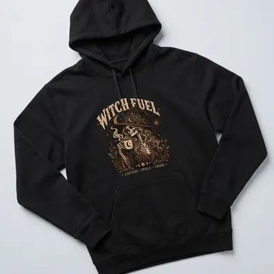 Vintage illustration of a witch skeleton with coffee, featuring humorous text about caffeine and chaos. — printed on a unisex hoodie