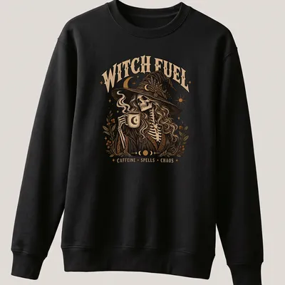 Vintage illustration of a witch skeleton with coffee, featuring humorous text about caffeine and chaos. — printed on a unisex sweatshirt