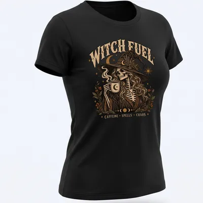 Vintage illustration of a witch skeleton with coffee, featuring humorous text about caffeine and chaos. — printed on a women's shirt