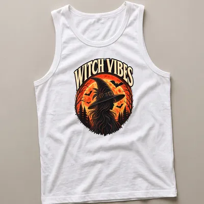Vintage style Witch Vibes t-shirt with silhouette design in orange and black — printed on a tank top