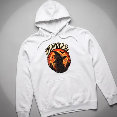 Vintage style Witch Vibes t-shirt with silhouette design in orange and black — printed on a unisex hoodie