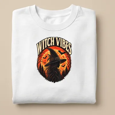 Vintage style Witch Vibes t-shirt with silhouette design in orange and black — printed on a unisex sweatshirt