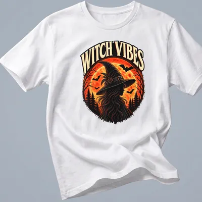 Vintage style Witch Vibes t-shirt with silhouette design in orange and black