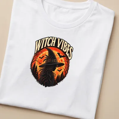 Vintage style Witch Vibes t-shirt with silhouette design in orange and black — printed on a women's shirt