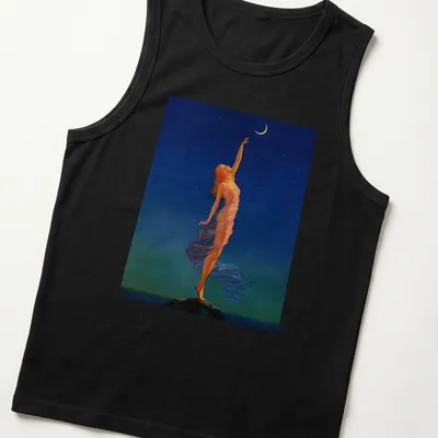 Vintage design t-shirt with a woman reaching for a colorful moon and inspirational text — printed on a tank top