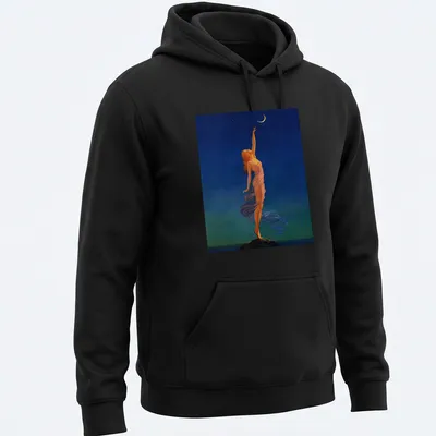 Vintage design t-shirt with a woman reaching for a colorful moon and inspirational text — printed on a unisex hoodie