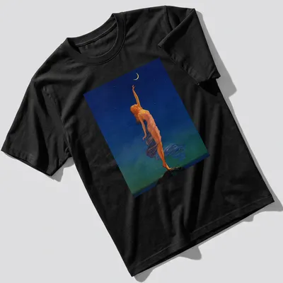 Vintage design t-shirt with a woman reaching for a colorful moon and inspirational text