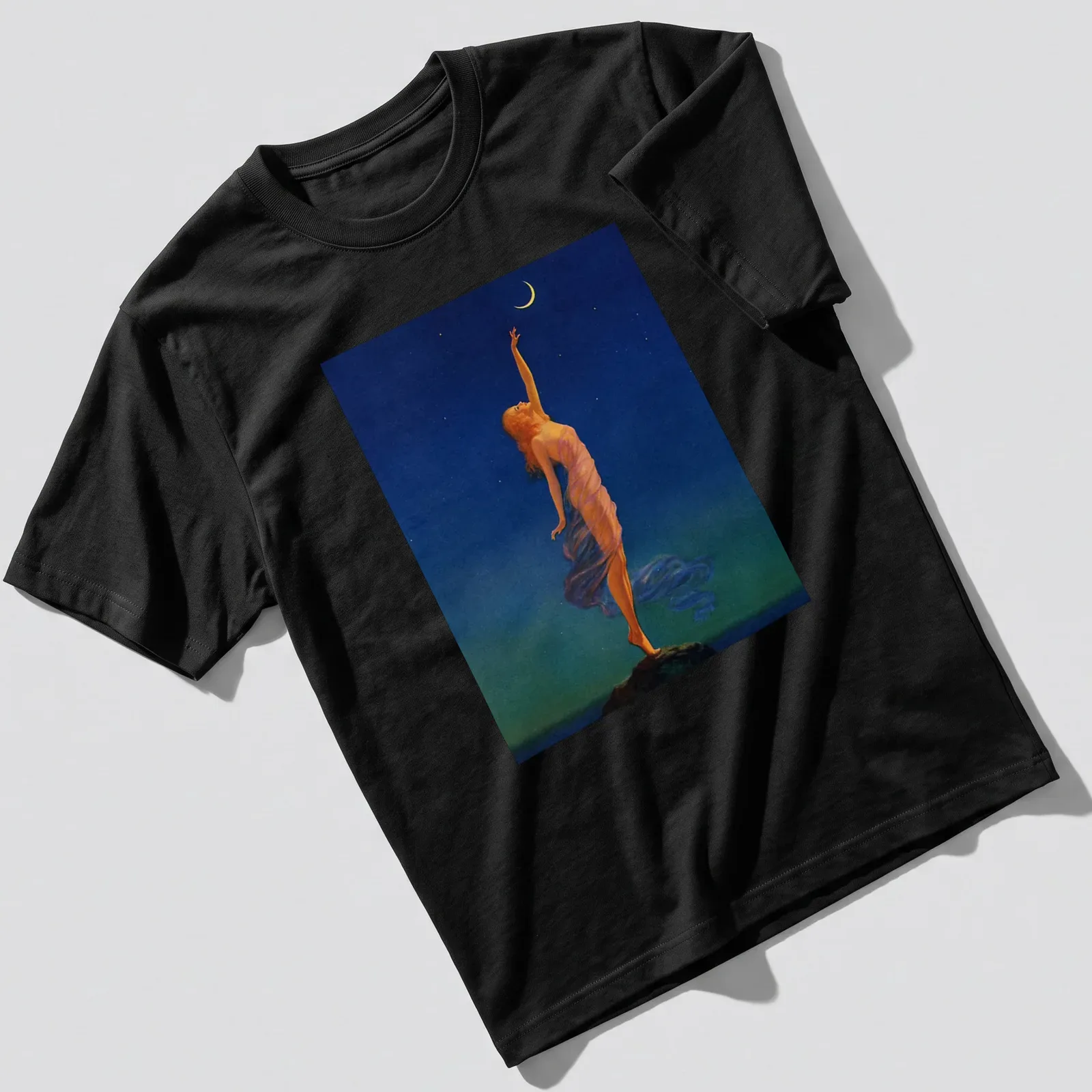 Vintage design t-shirt with a woman reaching for a colorful moon and inspirational text — printed on a unisex t-shirt