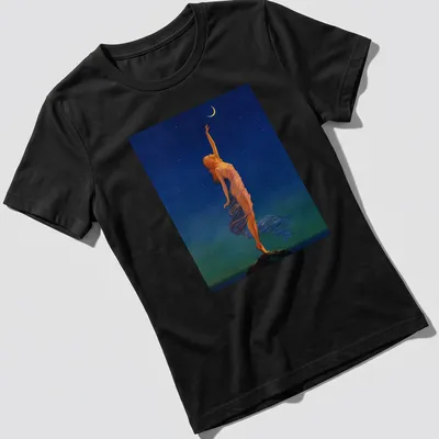 Vintage design t-shirt with a woman reaching for a colorful moon and inspirational text — printed on a women's shirt