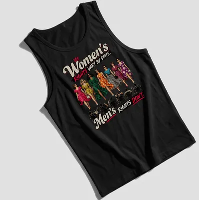 Vintage illustration of stylish women in colorful dresses with empowering text. — printed on a tank top