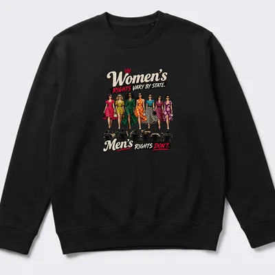 Vintage illustration of stylish women in colorful dresses with empowering text. — printed on a unisex sweatshirt