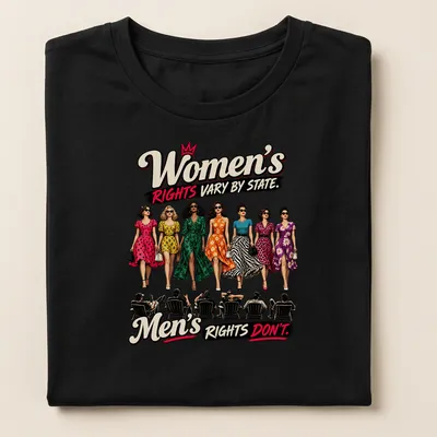 Vintage illustration of stylish women in colorful dresses with empowering text. — printed on a women's shirt
