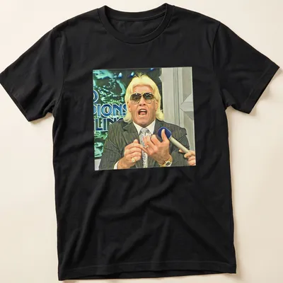 Vintage-style t-shirt with bold 'Wooo' text and a wrestler graphic.
