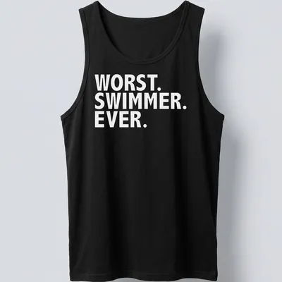 Playful cartoon of a swimmer with text 'Worst Swimmer Ever' in blue, yellow, and white — printed on a tank top