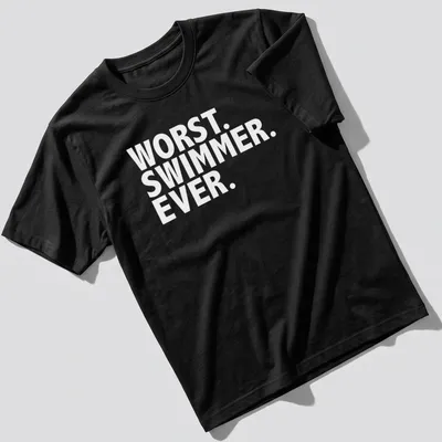 Playful cartoon of a swimmer with text 'Worst Swimmer Ever' in blue, yellow, and white