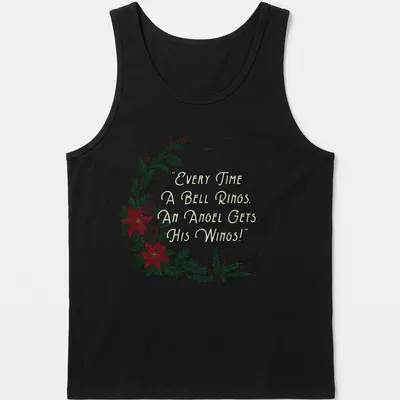 Illustrative T-shirt with a wreath, flowers, and the quote about angels' wings. — printed on a tank top