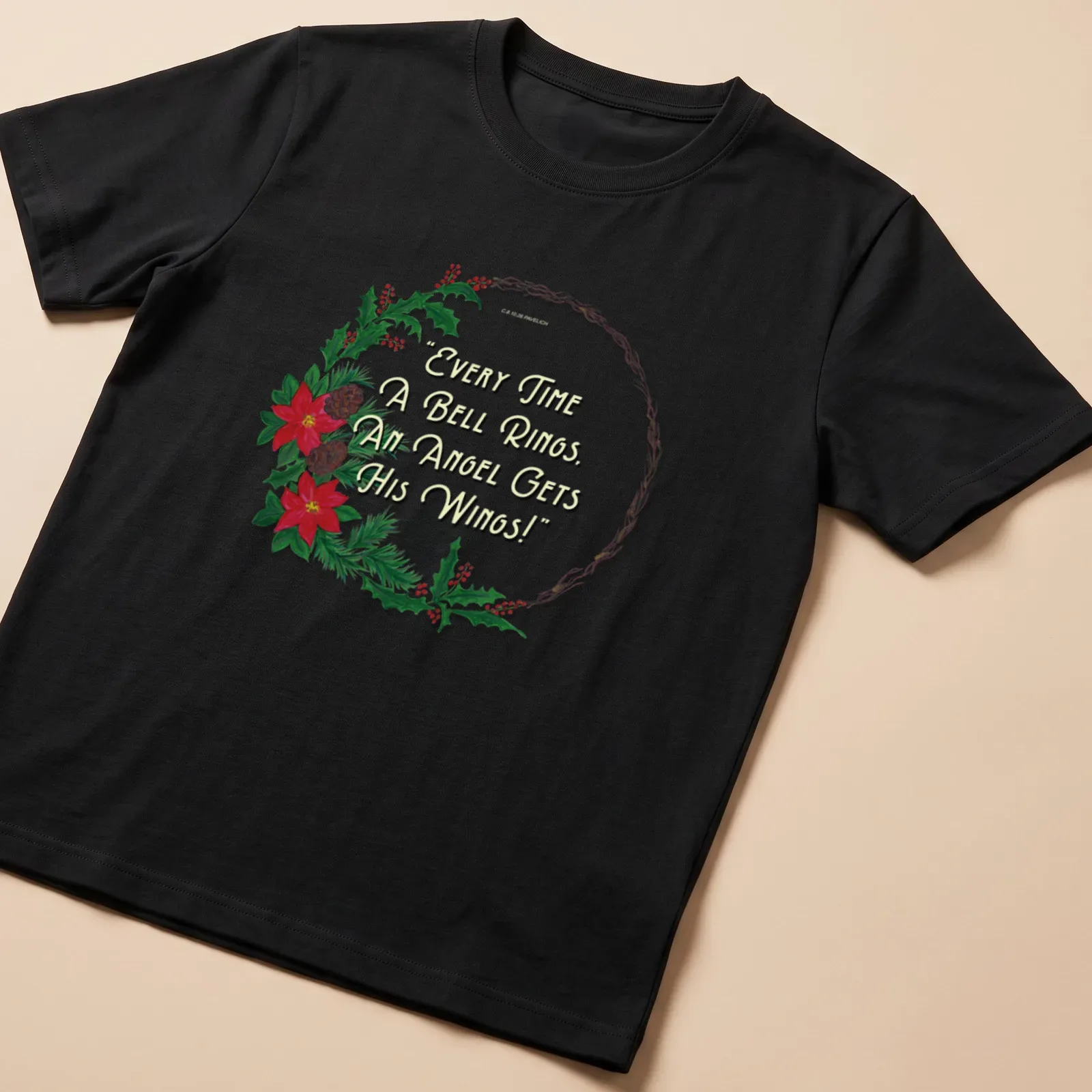 Illustrative T-shirt with a wreath, flowers, and the quote about angels' wings. — printed on a unisex t-shirt