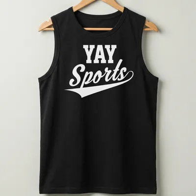 Sarcastic 'Yay Sports' text t-shirt in black and white typography — printed on a tank top