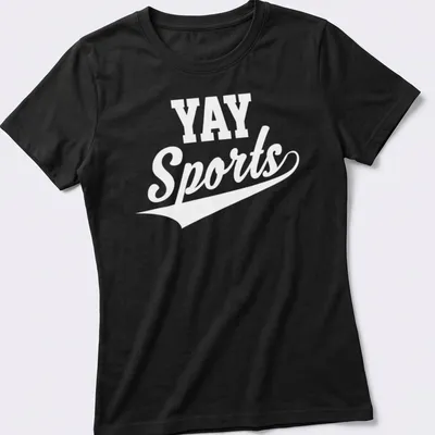 Sarcastic 'Yay Sports' text t-shirt in black and white typography — printed on a women's shirt