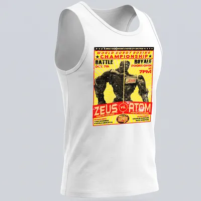Vintage poster style shirt depicting a robot boxing match with bold text. — printed on a tank top
