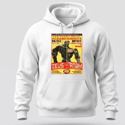 Vintage poster style shirt depicting a robot boxing match with bold text. — printed on a unisex hoodie