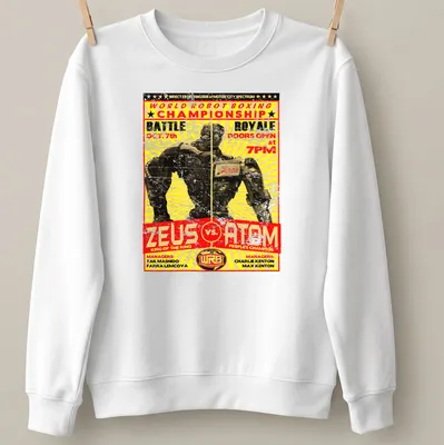 Vintage poster style shirt depicting a robot boxing match with bold text. — printed on a unisex sweatshirt
