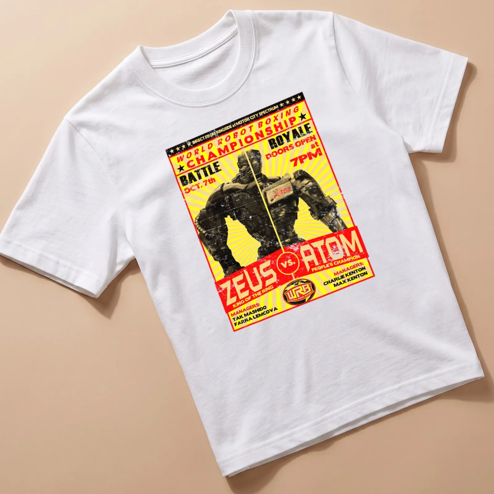 Vintage poster style shirt depicting a robot boxing match with bold text. — printed on a unisex t-shirt