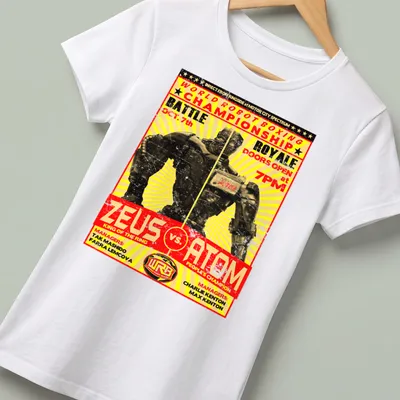 Vintage poster style shirt depicting a robot boxing match with bold text. — printed on a women's shirt